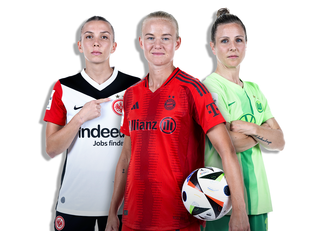 Drei Spielerinnen aus der Google Pixel Frauen-Bundesliga blicken fokussiert in die Kamera.